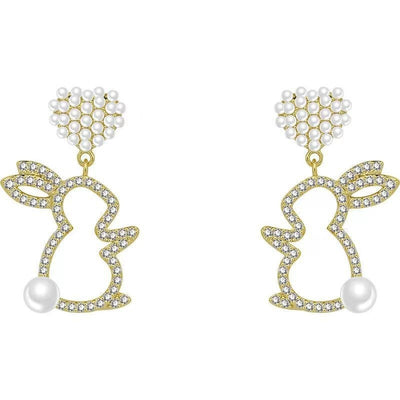 Pearl Bunny Earrings For Women Silver Pin Earrings