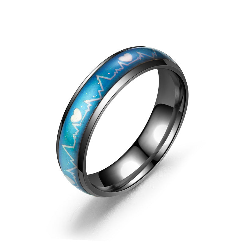 Korean Style ECG Couple Ring Stainless Steel Heartbeat Men And Women Couple Rings Titanium Steel Temperature Change Ring