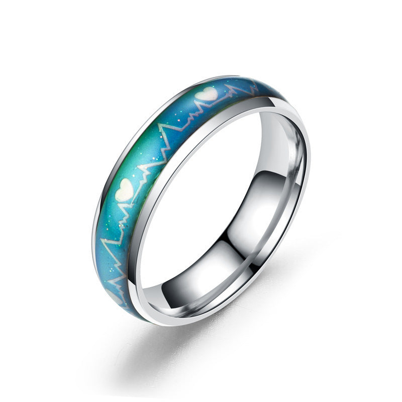 Korean Style ECG Couple Ring Stainless Steel Heartbeat Men And Women Couple Rings Titanium Steel Temperature Change Ring