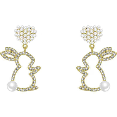 Pearl Bunny Earrings For Women Silver Pin Earrings